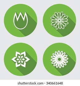 Flower 4 icons set. Chamomile, tulip, daisy, orchid. Floral symbol. Round green flat icon with long shadow. Vector