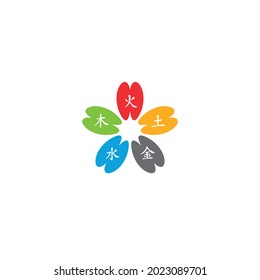 Flower and 5 Elements logo or icon design. The Chinese word means Fire (Red), Earth (Orange), Metal (Gray), Water (Blue) and Wood (Green).