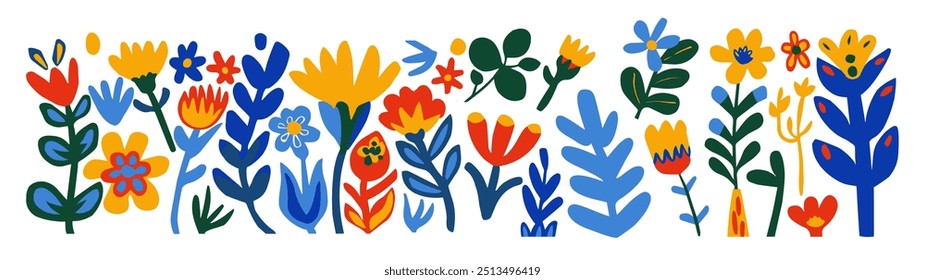 Conjunto de rabiscos abstratos de flores. Criança primavera decorativo, padrão floral, planta floral design moderno. Forma Matisse, colagem elemento peculiar, folha plana botânica. Textura ingênua de vetor, plano de fundo de desenho animado