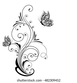 Flower abstract elements for design with butterflies. Vector illustration.