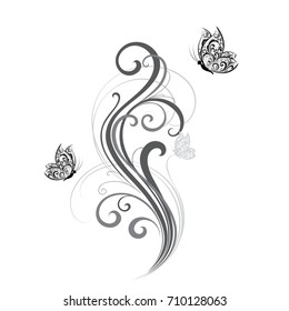 Flower abstract elements for design with butterflies. Vector illustration.