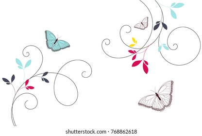 Flower abstract elements for design with butterflies. Vector illustration.