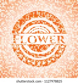 Flower abstract emblem, orange mosaic background