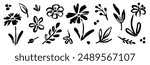 Flower abstract hand drawn brush ink stroke. Sketch hand drawn silhouette floral plant, nature graphic leaf, scribble grunge brush texture. Vector simple flower, leaf ink stroke. Vector illustration
