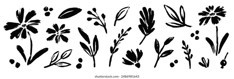 Flower abstract hand drawn brush ink stroke. Sketch hand drawn silhouette floral plant, nature graphic leaf, scribble grunge brush texture. Vector simple flower, leaf ink stroke. Vector illustration