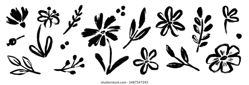 Flower abstract hand drawn brush ink stroke. Sketch hand drawn silhouette floral plant, nature graphic leaf, floral grunge abstract brush. Vector simple flower, leaf ink stroke. Vector illustration