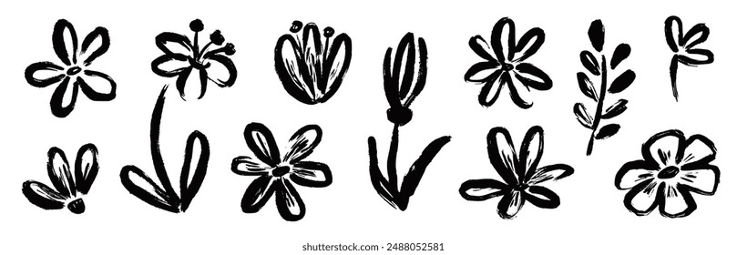 Flower abstract hand drawn brush ink stroke. Sketch hand drawn silhouette floral plant, nature graphic leaf, scribble grunge brush texture. Vector simple flower, leaf ink stroke. Vector illustration