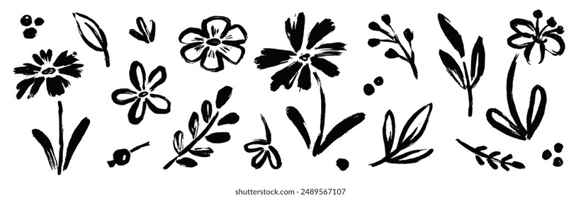 Flower abstract hand drawn brush ink stroke. Sketch hand drawn silhouette floral plant, nature graphic leaf, scribble grunge brush texture. Vector simple flower, leaf ink stroke. Vector illustration