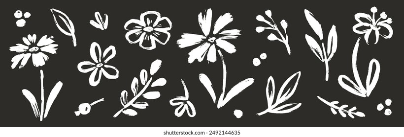 Flower abstract hand drawn brush chalk stroke. Sketch hand drawn silhouette floral plant, nature graphic leaf, floral grunge abstract brush. Vector simple flower on chalkboard. Vector illustration