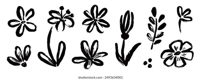 Flor abstracta dibujada a mano pincel tinta trazo. Bosquejo dibujado a mano silueta planta floral, hoja gráfica de la naturaleza, pincel abstracto grunge floral. Flor simple de Vector, trazo de tinta de hoja. Ilustración vectorial