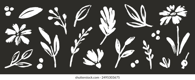 Flower abstract hand drawn brush chalk stroke. Sketch hand drawn silhouette floral plant, nature graphic leaf, floral grunge abstract brush. Vector simple flower on chalkboard. Vector illustration