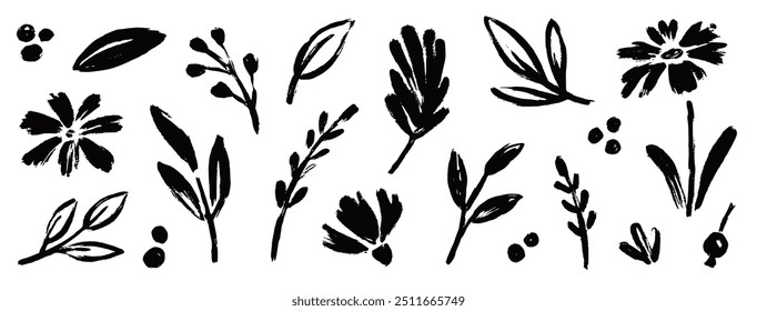 Flower abstract hand drawn brush ink stroke. Sketch hand drawn silhouette floral plant, nature graphic leaf, floral grunge abstract brush. Vector simple flower, leaf ink stroke. Vector illustration