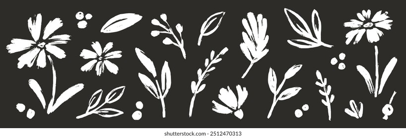 Flor abstracta dibujada a mano trazo de tiza de pincel. Boceto dibujado a mano silueta planta floral, hoja gráfica de la naturaleza, pincel abstracto floral grunge. Vector flor simple en pizarra. Ilustración vectorial