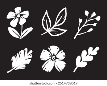 Flower abstract hand drawn brush ink stroke. Sketch hand drawn silhouette floral plant, nature graphic leaf, floral grunge abstract brush.