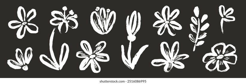 Flor abstracta dibujada a mano trazo de tiza de pincel. Boceto dibujado a mano silueta planta floral, hoja gráfica de la naturaleza, pincel abstracto floral grunge. Vector flor simple en pizarra. Ilustración vectorial