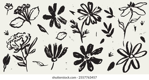 Flower abstract hand drawn brush ink or chalk stroke. Sketch hand drawn silhouette floral plant, leaf grunge abstract vector illustration. Simple flower, leaf charcoal, pencil, crayon style elements.