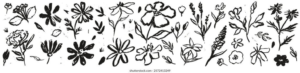 Flower abstract hand drawn brush ink or chalk stroke. Sketch hand drawn silhouette floral plant, leaf grunge abstract vector illustration. Simple flower, leaf charcoal, pencil, crayon style elements.