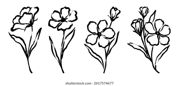 Flower abstract hand drawn brush ink or chalk stroke. Sketch hand drawn silhouette floral plant, leaf grunge abstract vector illustration. Simple flower, leaf charcoal, pencil, crayon style elements.