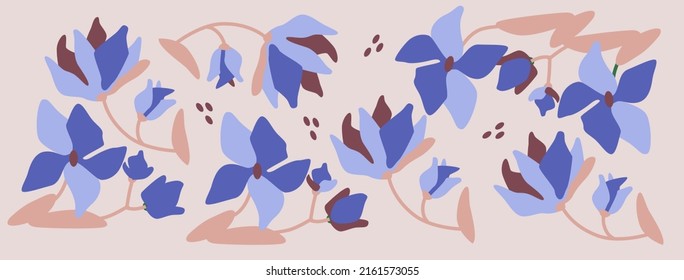 Flower abstract illustration. Funny colored typography poster. Decorative abstract horizontal banner with colorful doodles.  Hand-drawn modern illustrations with Tropical flowers. Summer background