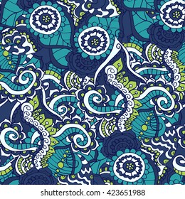 Flower abstract pattern. Seamless botanic texture, detailed flowers illustrations. Floral pattern in doodle style