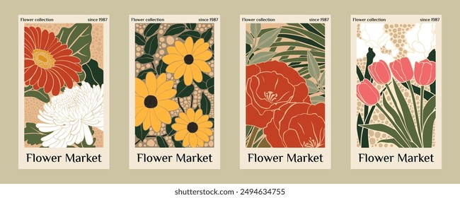 Flower abstract poster. Floral plant, design Matisse, vintage cards, modern graphic. Retro market art, funky garden, nature hand drawn botanical illustration. Vector minimal cover set creative concept