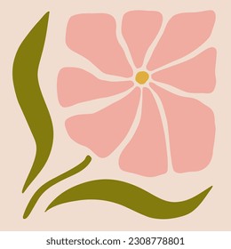 Afiche abstracto de flores. Arte mural botánico de moda con diseño floral en tonos pastel. Decoración moderna y naif, en tonos rojizos, retro, con cuadros. Ilustraciones de arte vectorial.