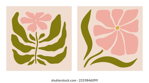 Afiches abstractos de flores. Arte mural botánico de moda con diseño floral en tonos pastel. Decoración moderna y naif, en tonos rojizos, retro, con cuadros. Ilustraciones de arte vectorial.