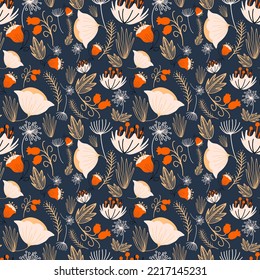 Flower abstract Seamless pattern Navy blue background Floral leaves design for wrapping fabric print cloth dress vintage color 