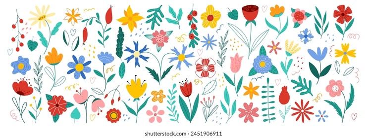 Flower abstract. Tulip and chamomile, blossom botanical, colorful paint, Scandinavian style bouquet, foliage. Motif pattern, cute design, nature plant clipart spring. Vector garish art isolated set