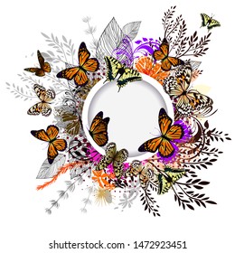 Flower abstraction with butterflies. Round frame with butterflies and flowers. Floral abstract background. Vector illustration
