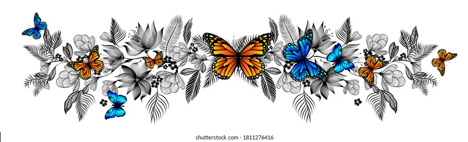 Flower abstraction with butterflies. Vector Illustrated