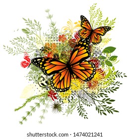 Flower abstraction with butterflies. Vector illustration
