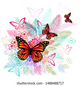 Flower abstraction with butterflies. Vector illustration
