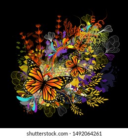 Abstração de flores com borboletas. Ilustração vetorial