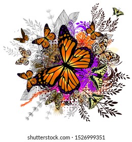 Flower abstraction with butterflies. Vector illustration