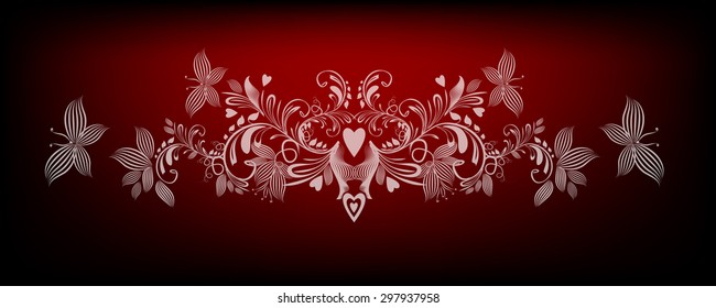 Flower abstraction line with butterflies and hearts. Vector