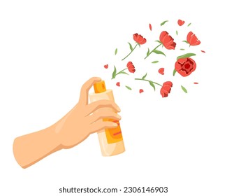 Blumenaerosol. Hand, die frische Parfüm Spray-Luft-Süßungsmittel oder Deodorant mit Blumen Rose Riech Wasser, Schönheit verbreitet natürliche Aromen Duftkonzept Vektorgrafik Aerosolspritzer Flasche