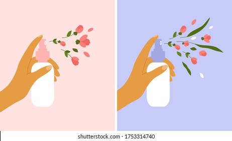 Flower aerosol, perfume, cosmetics concept. Female hand holding dispenser and spraying with petals, buds, leaves. Nature aroma, fragrance. Flower body water, beauty care. Banners, vector illustration