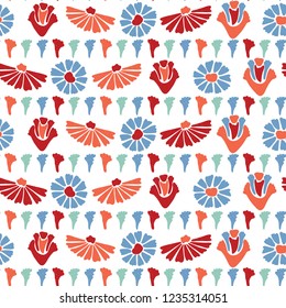 Flower All Over Print Vector. Colorful Blooms Seamless Repeating Pattern in Folk Art Style on White Background. Hand Painted Stripes for Fashion Prints, Wallpaper, Stationery, Floral Garden Packaging.