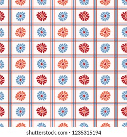 Flower All Over Print Vector. Colorful Blooms 1950s Seamless Repeating Pattern in Folk Art Style on White Background. Hand Painted Ginham Check for Fashion Prints, Wallpaper, Floral Garden Packaging.