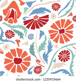 Flower All Over Print Vector. Colorful Blooms Seamless Repeating Pattern in Folk Art Style on White Background. Hand Painted, Tossed for Fashipn Prints, Wallpaper, Stationery, Floral Garden Packaging.