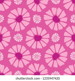 Flower All Over Print Vector. Colorful Blooms Seamless Repeating Pattern in Folk Art Style on Pink Background. Hand Painted, Tossed for Fashion Prints, Wallpaper, Stationery, Floral Garden Packaging.