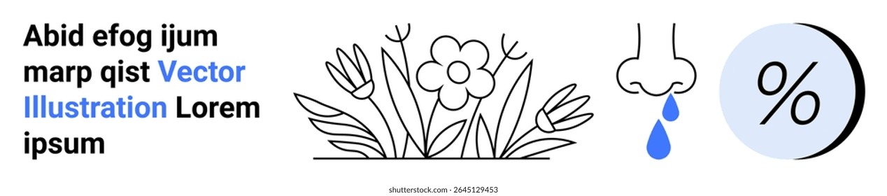 Alergênios de flores, nariz espirrando com gota azul e símbolo de porcentagem. Ideal para informações médicas, conscientização sobre saúde, mudanças sazonais, dicas de alergia, estudos ambientais, conteúdo educacional