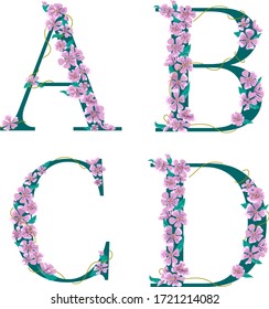Alfabeto de flores. A, B, C, D. Ilustración aislada del vector. Letras verde-azul y flores rosas. Monogramas de boda.