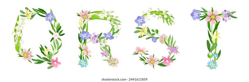 Flower Alphabet with Blooming Meadow Flora Uppercase Letter Vector Set