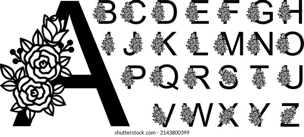 Flower Alphabet  for Cutting Machines. Botanical monogram vector letters with  flowers and leaves