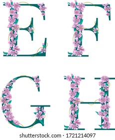 Flower alphabet. E, F, G, H. Vector isolated illustration. Green-blue letters and pink flowers. Wedding monograms.