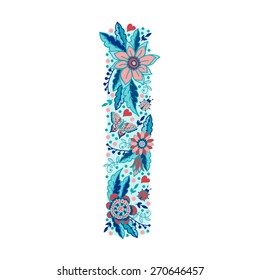 Flower alphabet letter. Bright floral element of colorful alphabet made from birds, flowers, petals, hearts and twigs. I