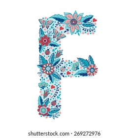 Flower alphabet letter F.  Bright floral element of colorful alphabet made from birds, flowers, petals, hearts and twigs.