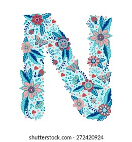 Flower alphabet letter N. Bright floral element of colorful alphabet made from birds, flowers, petals, hearts and twigs.